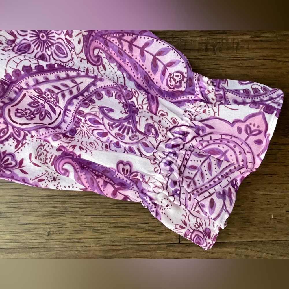 MELANIE LYNE Purple Paisley Square Neck Blouse Smocked Waist Size 4 - Picture 5 of 7